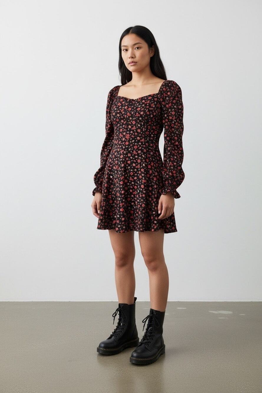 Inspired Hearts Black Floral Mini Dress Size Small Long Sleeve Sweetheart Neck